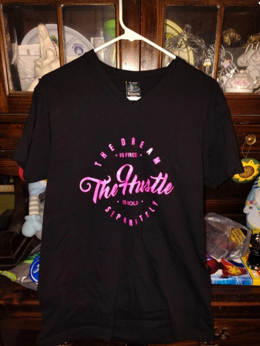 The Hustle Graphic V-Neck T-Shirt - Black with Pink Print